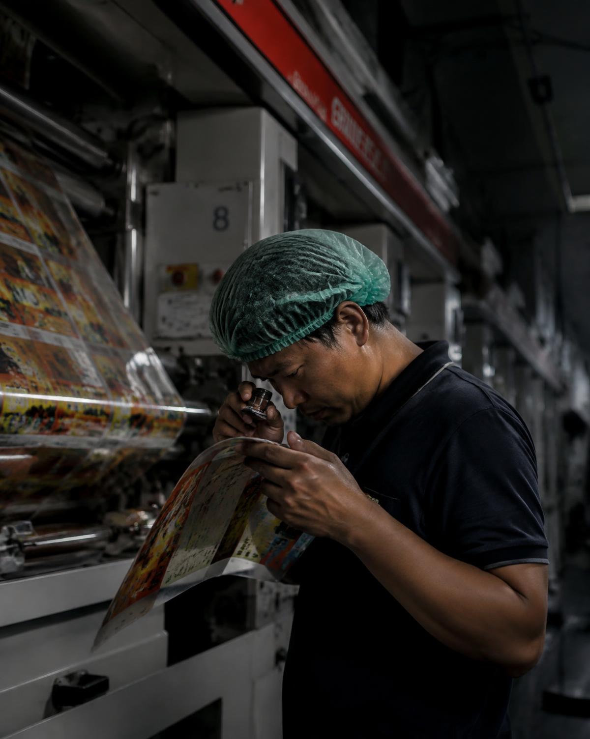 Print technician inspecting a printed sample at a gravure press
